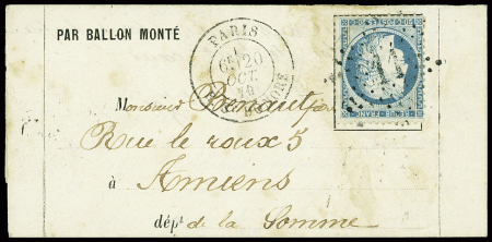 N°37 obl. Étoile 11 + CAD "Paris R. St Honoré" (20 oct 70) sur ballon monté pour Amiens avec arrivée 2 nov (Le Garibaldi). TB