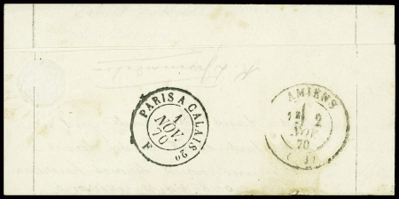 N°37 obl. Étoile 11 + CAD "Paris R. St Honoré" (20 oct 70) sur ballon monté pour Amiens avec arrivée 2 nov (Le Garibaldi). TB