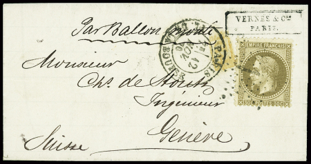 N°30 obl. Étoile 1 + CAD "Paris Pl. de la Bourse" (12 nov 70) sur ballon monté pour Genève avec arrivée 29 nov (Le Général Uhrich). TB