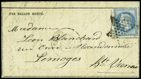 N°29 obl. Étoile muette + CAD "Paris (60)" (17 nov 70) sur Gazette des Absents n°8 pour Limoges avec arrivée 26 nov (Le Général Uhrich). TB