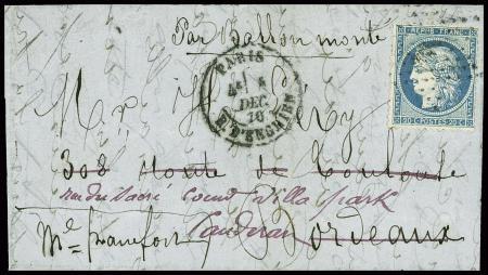 N°37 OBL étoile 4 + CAD "Paris R. d'Enghien" (4 dec 70) sur ballon monté pour Orléans réexpédié à Caudéran avec arrivée 7 dec (Le Franklin). TB