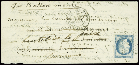 N°37 obl. Étoile 3 + CAD "Paris Pl. de la Madeleine" (27 dec 70) sur ballon monté pour Saintes (Le Bayard)