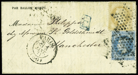 N°28 + 29 obl. Étoile muette + CAD "Paris (60)" (3 janv 71) sur gazette des Absents n°21 pour Manchester (GB) avec arrivée 11 janv (Le Newton. TB