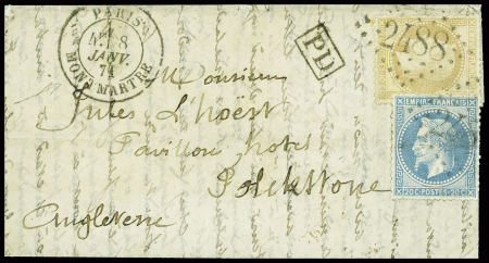 N°28 + 29 obl. GC 2488 + CAD "Paris Montmartre" (8 janv 71) sur ballon monté pour Folkestone (GB) avec arrivée 12 janv 71. TB