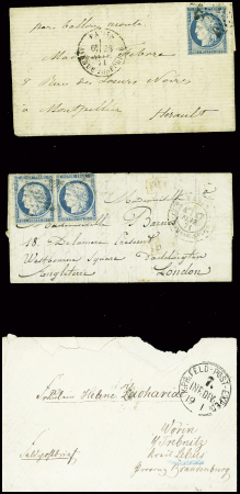 2 lettres postées à Paris pour Montpellier (28 janv 71) et pour Londres (17 fev 71) + 2 formules neuves "par ballon monté", 1 lettre en franchise