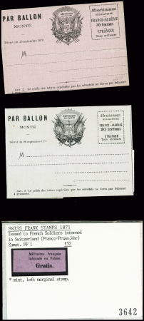 2 lettres postées à Paris pour Montpellier (28 janv 71) et pour Londres (17 fev 71) + 2 formules neuves "par ballon monté", 1 lettre en franchise
