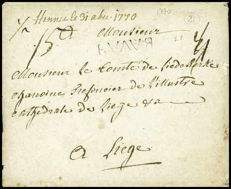 MP "Bavay" sur env contenant 2 lettres de 1770 (L n°1), ind 21. TB