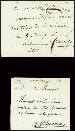 Lettre avec petite MP "Bavay" + "Franche" manuscrit et lettre de Bavay (1780) avec mention manuscrite "Port franc", ind 22+, bel ensemble