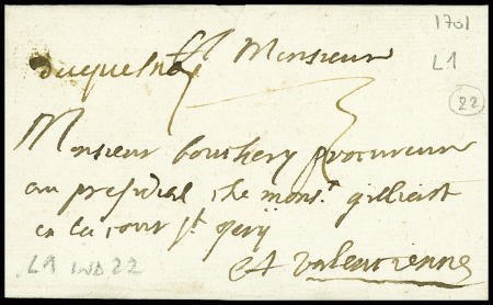 Marque manuscrite "Duquesnoy" (L1 - 1721), ind 22. TB
