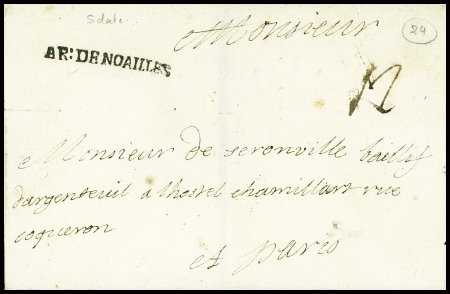 Petite MP "Ar de Noailles" datée de Spire 8 aout 1734 pour Rennes (campagne d'Allemagne, la plus belle lettre connue de cette marque rare)