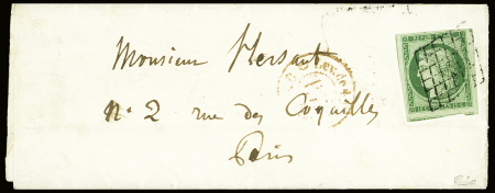 N°2, 15c vert, obl. Grille + CAD rouge de levée (1850) sur lettre sans texte dont l'adresse a été écrite par Hector Berlioz. TB