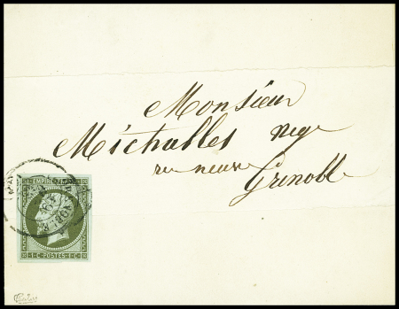 N°11, 1c vert-olive obl. T15 Grenoble (1863) sur imprimé sous bande, signé Calves. TB