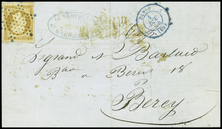 N°13, 10c bistre-jaune obl. Étoile muette bleue + CAD T15 bleu "3e Paris 1 (60)" (1854) sur lettre locale pour Bercy. TB