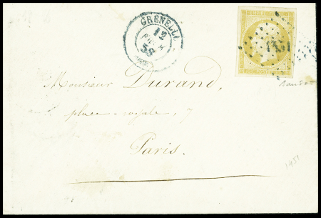 N°13 obl. PC bleu 1451 + T15 bleu "Grenelle (60)" (1858) sur lettre de Paris pour Paris. TB