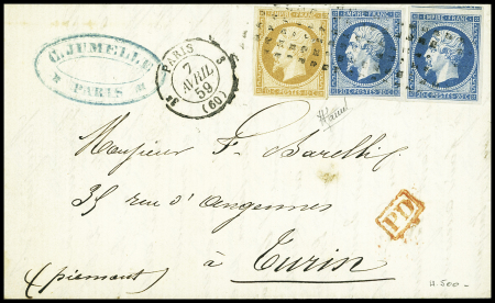 N°13 + 14, 2 pièces, obl. Rouleau de gros points + CAD "3e Paris 3 (60)" (1859) sur lettre pour Turin, jolie pièce, signé Jamet