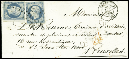 N°14, 2 pièces, obl. Rouleau de gros points + CAD "1e Paris 15 (60)" (1855) sur lettre pour Bruxelles. TB