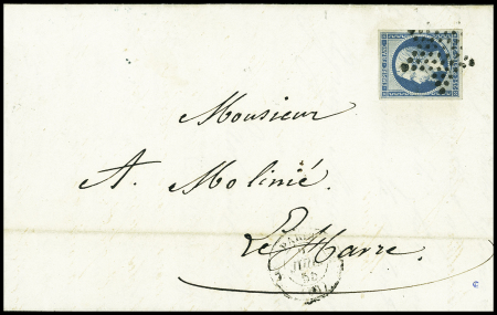 N°15, 25c bleu, obl. Étoile muette + CAD "3e Paris 15 (60)" (1855) sur lettre pour Le havre. TB