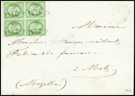 N°20, 5c vert, en bloc de 4 obl. GC 2434 + T15 "Montbazon (36)" (1865) sur lettre pour Metz. TB