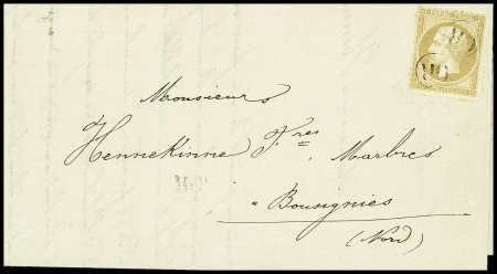 N°21, 10c bistre, obl. "OR" sur lettre de Cousolre pour Bousignies (Nord) (1867). TB