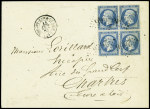 N°22 en bloc de 4 obl. GC 2666 + T15 "Nogent Eure-et-Loir (27)" (1863) sur lettre pour Chartres. TB