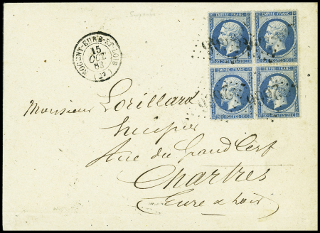 N°22 en bloc de 4 obl. GC 2666 + T15 "Nogent Eure-et-Loir (27)" (1863) sur lettre pour Chartres. TB