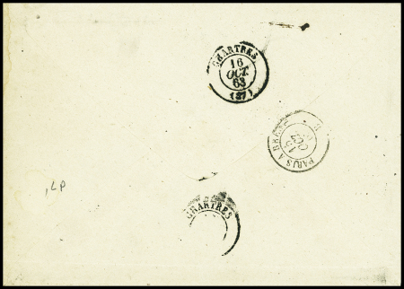 N°22 en bloc de 4 obl. GC 2666 + T15 "Nogent Eure-et-Loir (27)" (1863) sur lettre pour Chartres. TB