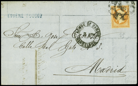 N°23, 40c orange obl. Espagnole roue de charrette "2" + CAD "Admon de cambio Barcelona" (1863) sur lettre de Marseille pour Madrid. TB