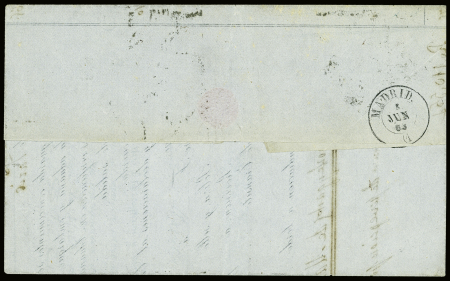N°23, 40c orange obl. Espagnole roue de charrette "2" + CAD "Admon de cambio Barcelona" (1863) sur lettre de Marseille pour Madrid. TB