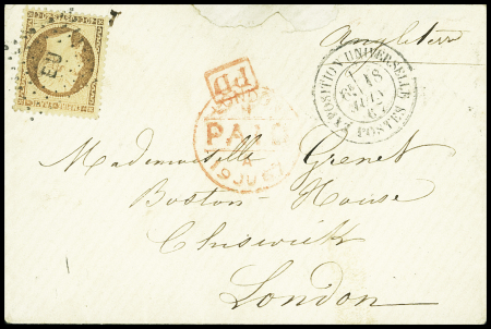 N°23 obl. Losange de points "EU" + CAD "Exposition univelle postes" (1867) sur lettre pour Londres. TB