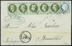 N°25, bande de 5 + 60 obl. GC 2121 + T16 "Lumbres (61)" (3 dec 71) sur lettre pour Bruxelles. TB
