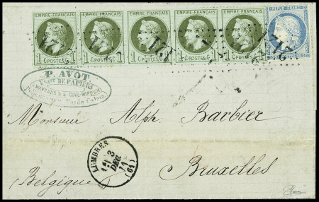 N°25, bande de 5 + 60 obl. GC 2121 + T16 "Lumbres (61)" (3 dec 71) sur lettre pour Bruxelles. TB