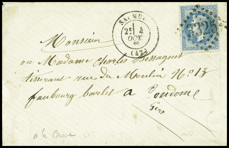 N°29Bb, variété "à la corne" obl. GC 3325 + T17 "Saumur (47)" (1870) sur lettre. TB