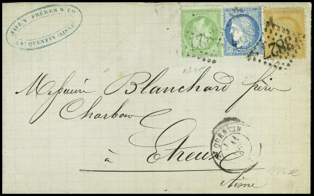 N°35 + 38 + 60 obl. GC 3827 + T17 St Quentin sur lettre, AFF tricolore