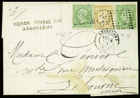 N°35, 2 pièces + n°59 obl. GC 105 + T17 Angoulême (oct 72) sur lettre. TB