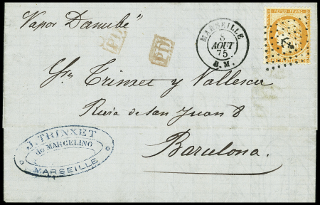 N°38 obl. Ancre + CAD "Marseille BM" (1875) sur lettre de Marseille pour Barcelone. TB