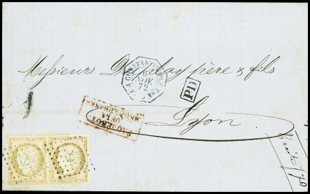 N°38 en paire obl. Ancre + CAD octo "Constantinople Paq. FR. J n°3" (6 nov 72) sur lettre pour Lyon. TB