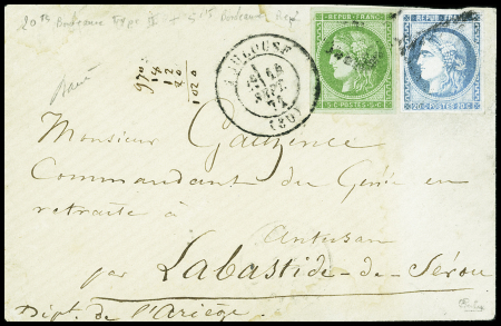 N°42 + 46, nuance bleu acier obl. GC 3982 + T17 Toulouse (14 sept 71) sur lettre, AFF rare et TB, signé Calves