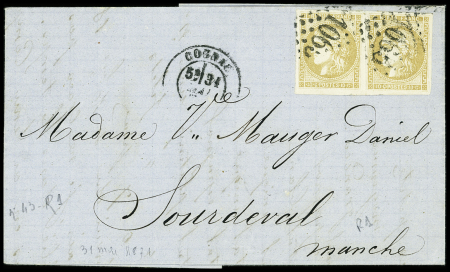 N°43, 10c bistre report 1 en paire avec belles marges obl. GC 1065 + T17 Cognac (1871) sur lettre. TB