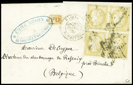 N°59, bloc de 4 obl. Étoile 22 + CAD "Paris R. Taitbout" (fev 73) sur lettre pour la Belgique. TB