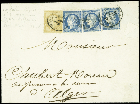 N°59 + 60, 3 pièces obl. CAD T17 "Constantine Algérie" (1872) sur papier d'affaires de moins de 350g pour Alger. TB