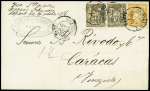 AFF composé Cérès-Sage : n°38 + 69 en paire obl. CAD "Paris R. d'Enghien" (1876) sur lettre pour Caracas (Vénézuela). TB