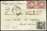 AFF composé Cérès-Sage : n°57 en paire + 66 obl. CAD "Paris R. des Vlles HAUDRtes" (1876) sur lettre chargée (VD 500F), signé Baudot. TB