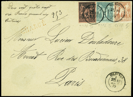 N°70 + 75 + 91 obl. T18 "Solesmes Nord" (1879) sur lettre chargée (VD 286F 45c), AFF tricolore peu courant. TB