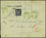 N°82, 3 pièces + 89 obl. CAD "Paris R. Montaigne" (1900) sur lettre chargée (VD 2500F) pour Londres avec arrivée au recto. TB