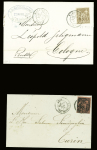 4 lettres AFF type Sage : n°91 obl. Lyon (1879) sur lettre pour Turin, n°69 obl. Mareuil-s-Ay (49) (1877) sur lettre pour Cologne, n°92 obl. Gare de Lyon Rhone