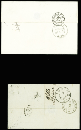 4 lettres AFF type Sage : n°91 obl. Lyon (1879) sur lettre pour Turin, n°69 obl. Mareuil-s-Ay (49) (1877) sur lettre pour Cologne, n°92 obl. Gare de Lyon Rhone