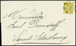 N°92 obl. CAD d'essai à cercle inétrieur épais interrompu "Paris PL. de la Bourse" (1881 - De Beaufond 671) sur lettre pour St Pétersbourg. TB