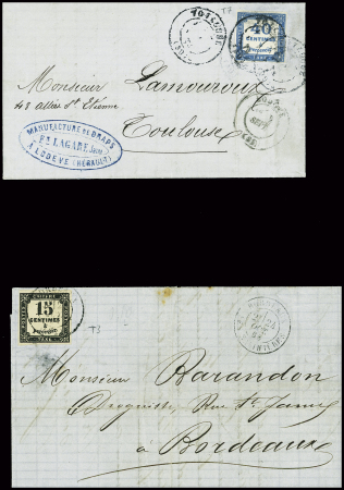 2 lettres :  Taxe n°3 OBL; Bordeaux (1868) et taxe n°7, 40c bleu obl. Toulouse (1872). TB