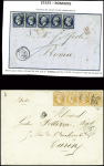 COLLECTION DE LETTRES AVEC EMPIRE NON DENTELES : affranchissements et destinations Deux lettres pour l'Italie : n°14, 5 pièces obl. PC 2642 + T15 Reims (1856) sur lettre pour Rome et n°16, bande de 4 obl. PC 1896 + T15 M