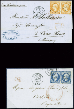 4 lettres : n°16 en paire obl. PC 441 + T15 "A Bordeaux A" (1861) sur lettre pour Vera-Cruz. N°14 obl. PC 616 + T15 "Carignan (7)" (1856)